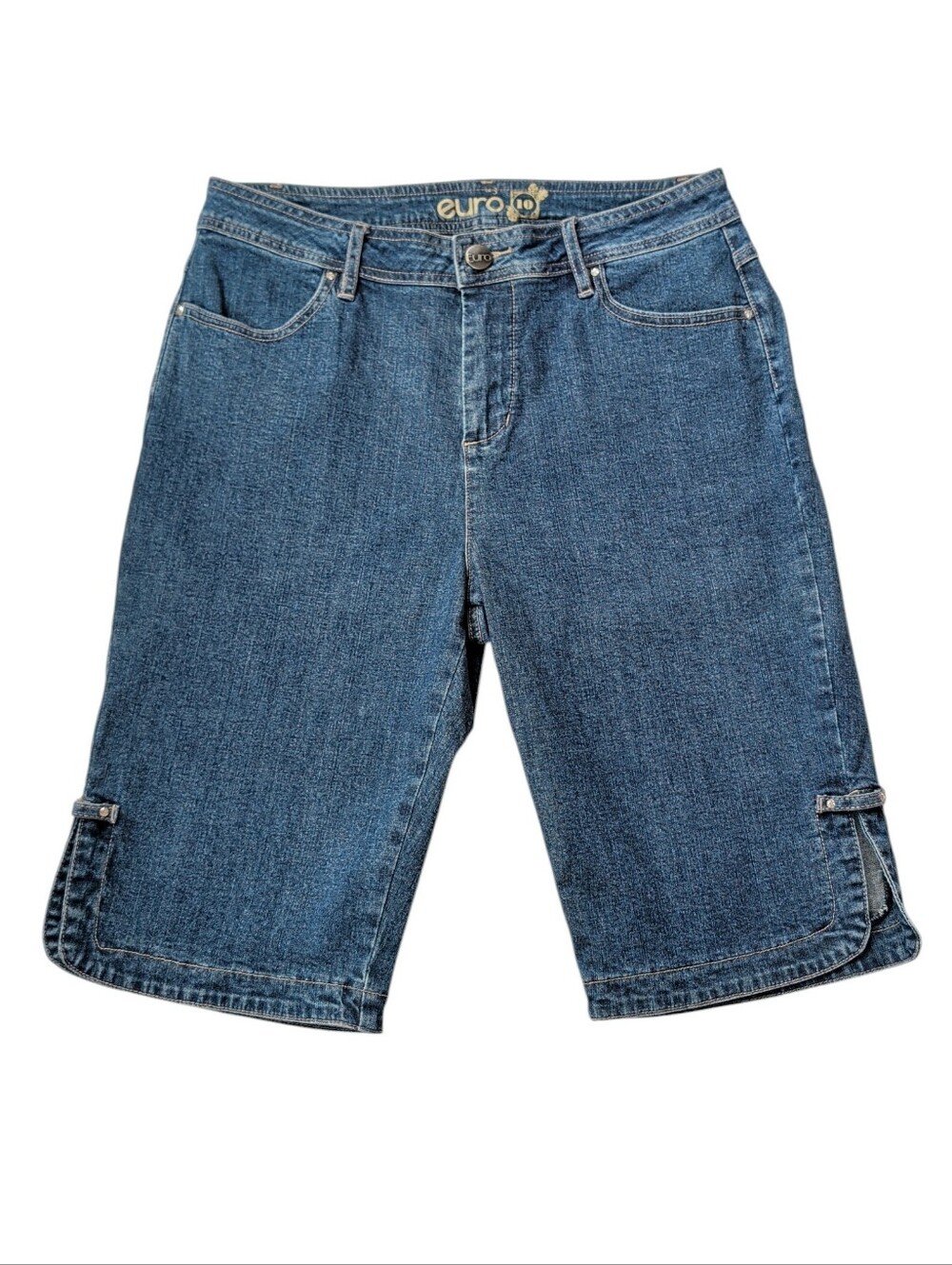 Euro High Waisted Faux Rhinestone Bermuda Mom Shorts Jorts Skimmer 10 Blue